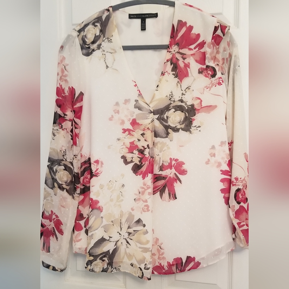 White House Black Market White and Pink Floral Long Sleeve Blouse